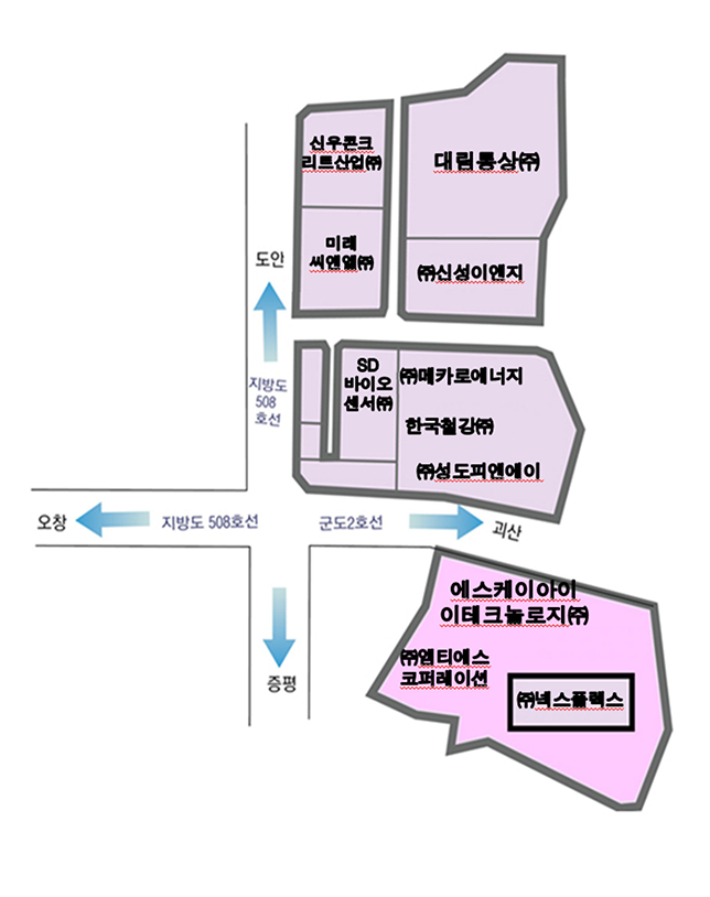 증평일반산업단지입주기업배치도 : 사거리 중심으로 좌측 오창(지방도 508호선), 우측 괴산(군도2호선), 남측 증평, 북측 도안(지방도508호선)이 위치해있고 우측북쪽지역의 북측도로와 근접한 위치에서 시계방향으로 (주)청우, 대림통상(주), 후지라이테크(주), (주)신성이엔지, (주)신성이엔지, 한국철강(주)가 있고 우측남쪽으로 에스케이아이이테크놀로지(주), (주)넥스플렉스가 위치해있습니다.