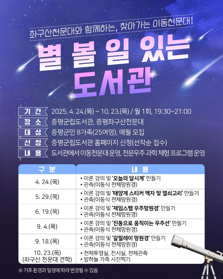 증평군립도서관, 이동천문대 &lsquo;별 볼 일 있는 도서관&rsquo; 운영