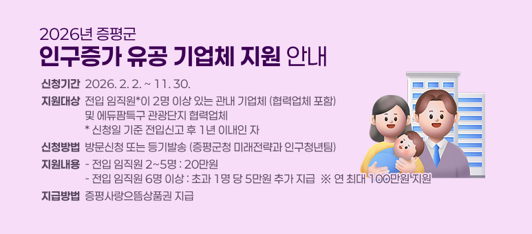 2026년 증평군 인구증가 유공 기업체 지원 안내
 ○ 신청기간 : 2026. 2. 2. ~ 11. 30.
 ○ 지원대상 : 전입 임직원*이 2명 이상 있는 관내 기업체(협력업체 포함) 및 에듀팜특구 관광단지 협력업체
  * 신청일 기준 전입신고 후 1년 이내인 자
 ○ 신청방법 : 방문신청 또는 등기발송(증평군청 미래전략과 인구청년팀)
 ○ 지원내용
  - 전입 임직원 2~5명 : 20만원
  - 전입 임직원 6명 이상 : 초과 1명 당 5만원 추가 지급
   ※ 연 최대 100만원 지원
 ○ 지급방법 : 증평사랑으뜸상품권 지급